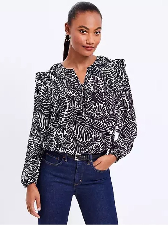 LOFT Tops - Loft Ruffle Neck Leaf Print Longsleeve Top Black White Size XL